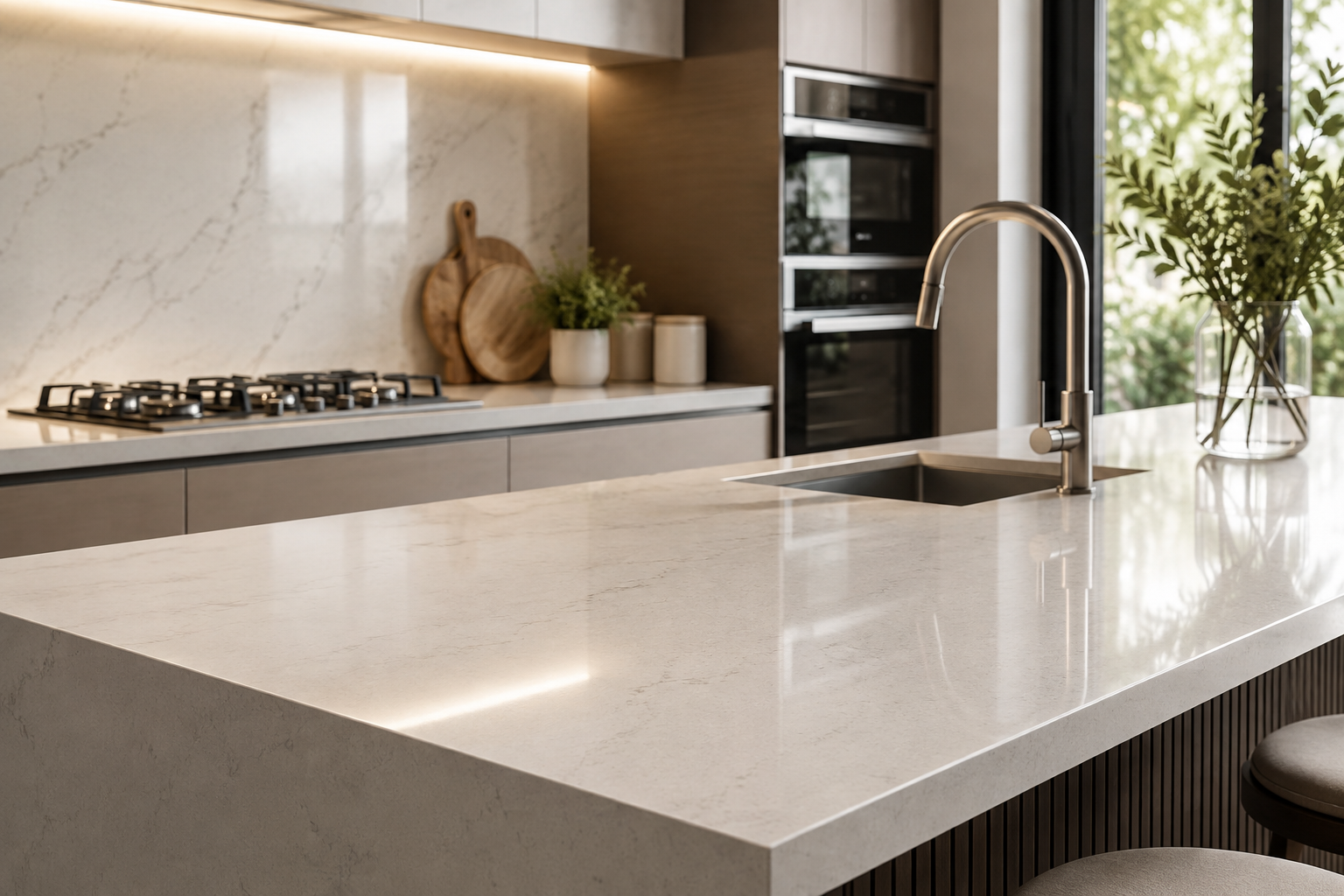 Quartzo para bancada de cozinha une estética, baixa porosidade e variedade de cores. Veja opções sob medida com a Artesamarmo